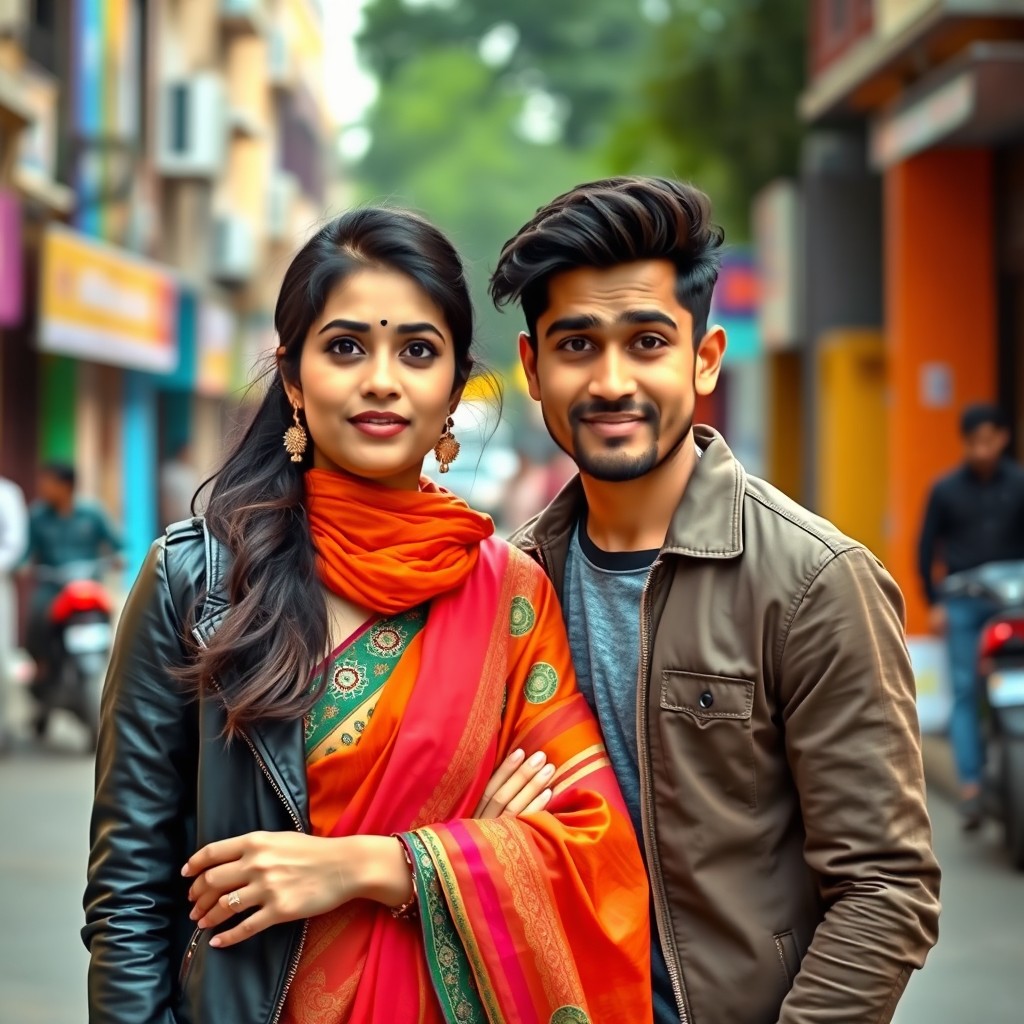 A young Indian couple standing together, looking slightly puzzled but affectionate