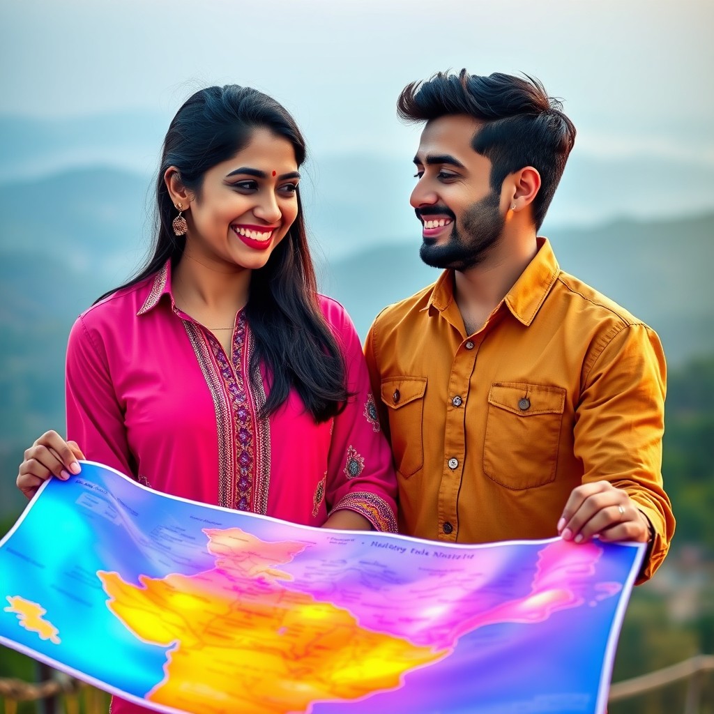 A joyful young Indian couple smiling at each other, standing close together with a glowing roadmap spread out in front of them