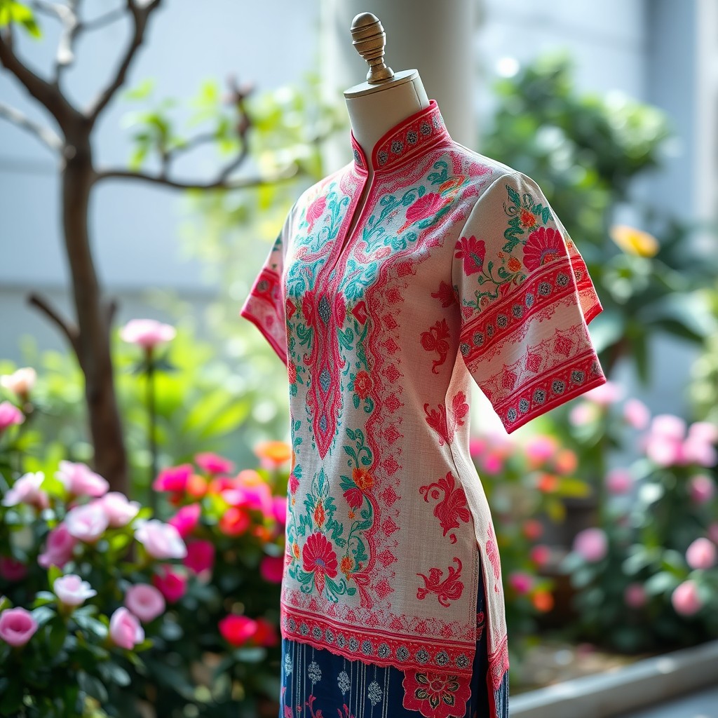 A beautiful traditional dress known as a baju, featuring vibrant colors, intricate embroidery, and delicate patterns typical of Southeast Asian culture