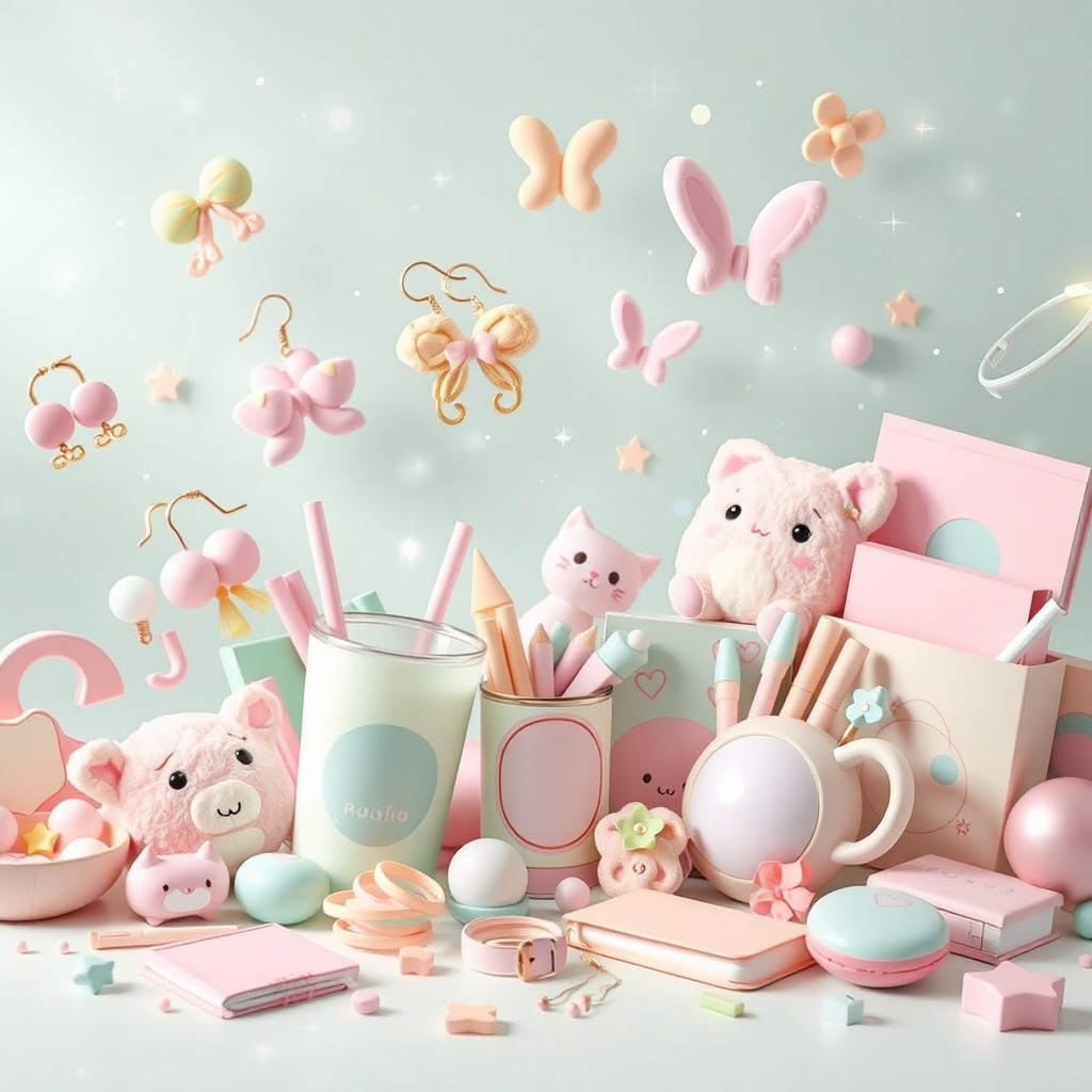 A kawaii pastel scene depicting an enchanting arrangement of anime-style accessories such as colorful earrings, adorable plushies, whimsical tumblers, and charming stationery