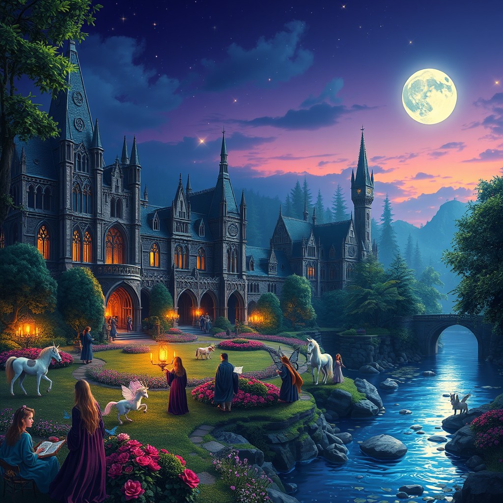 A fantasy academy set in a lush, enchanted forest