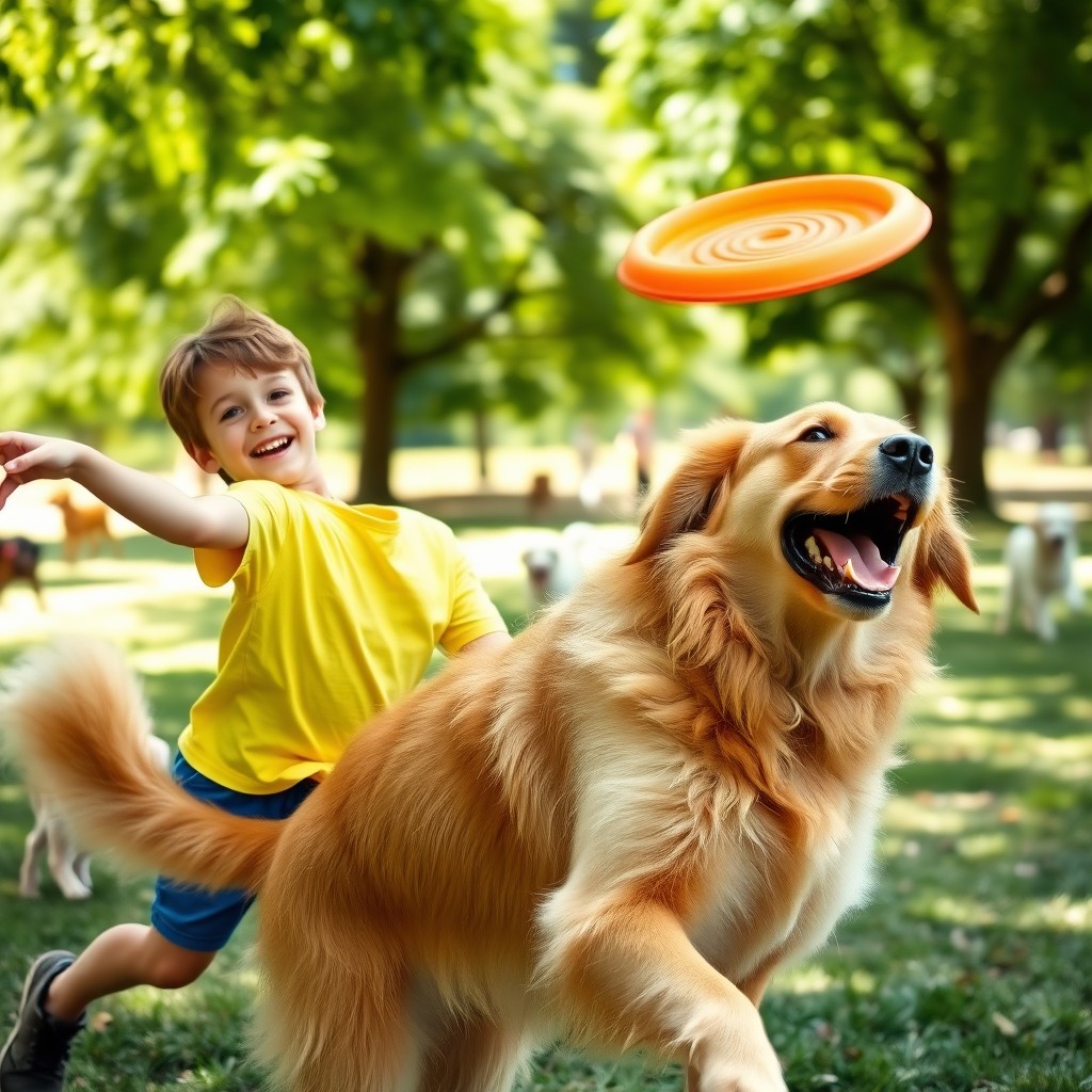 A joyful scene of a young boy playing energetically with a large, fluffy dog in a sunny park