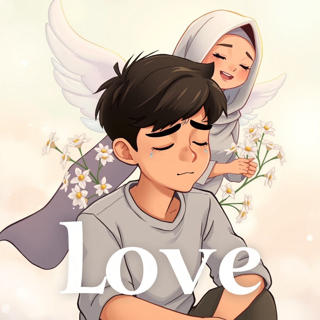 A cartoon book cover featuring a handsome young man sitting with his eyes closed, tears streaming down his face