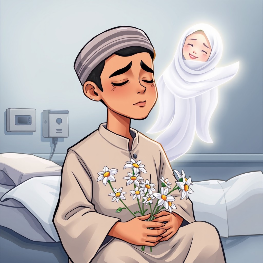 A cartoon book cover featuring a handsome young man wearing a kopiah and traditional Muslim attire, sitting with his eyes closed as he weeps in a hospital setting