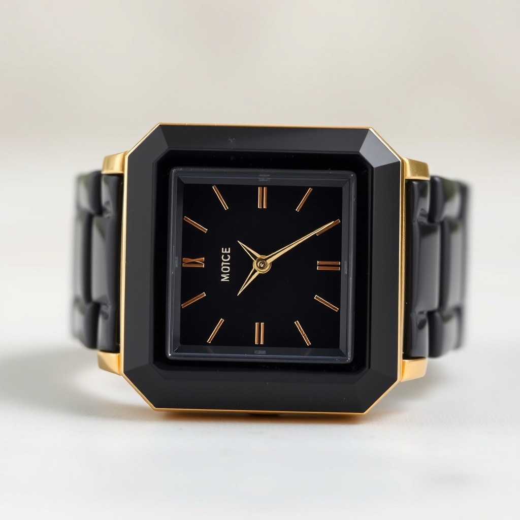 A luxurious square-shaped watch featuring a polished black stone case