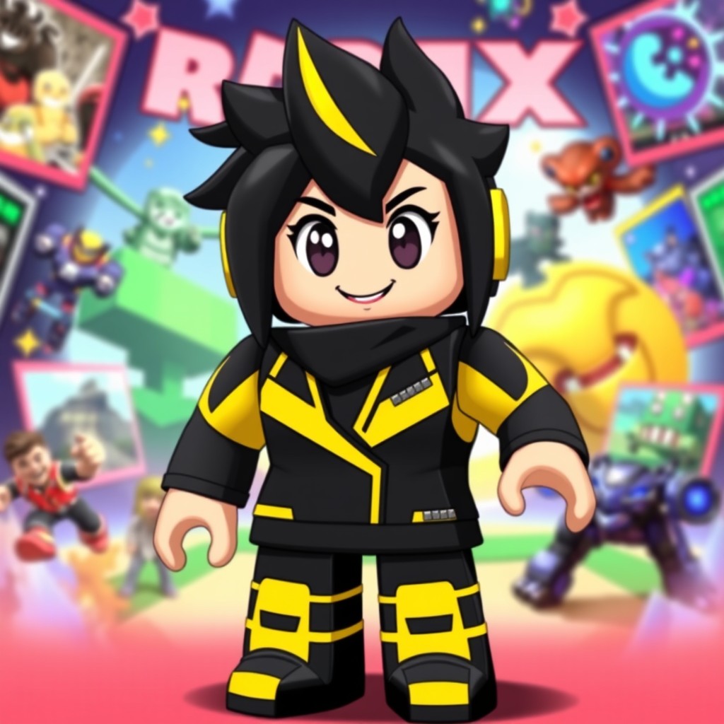 A stylized Roblox avatar featuring a unique design, predominantly colored in black and yellow