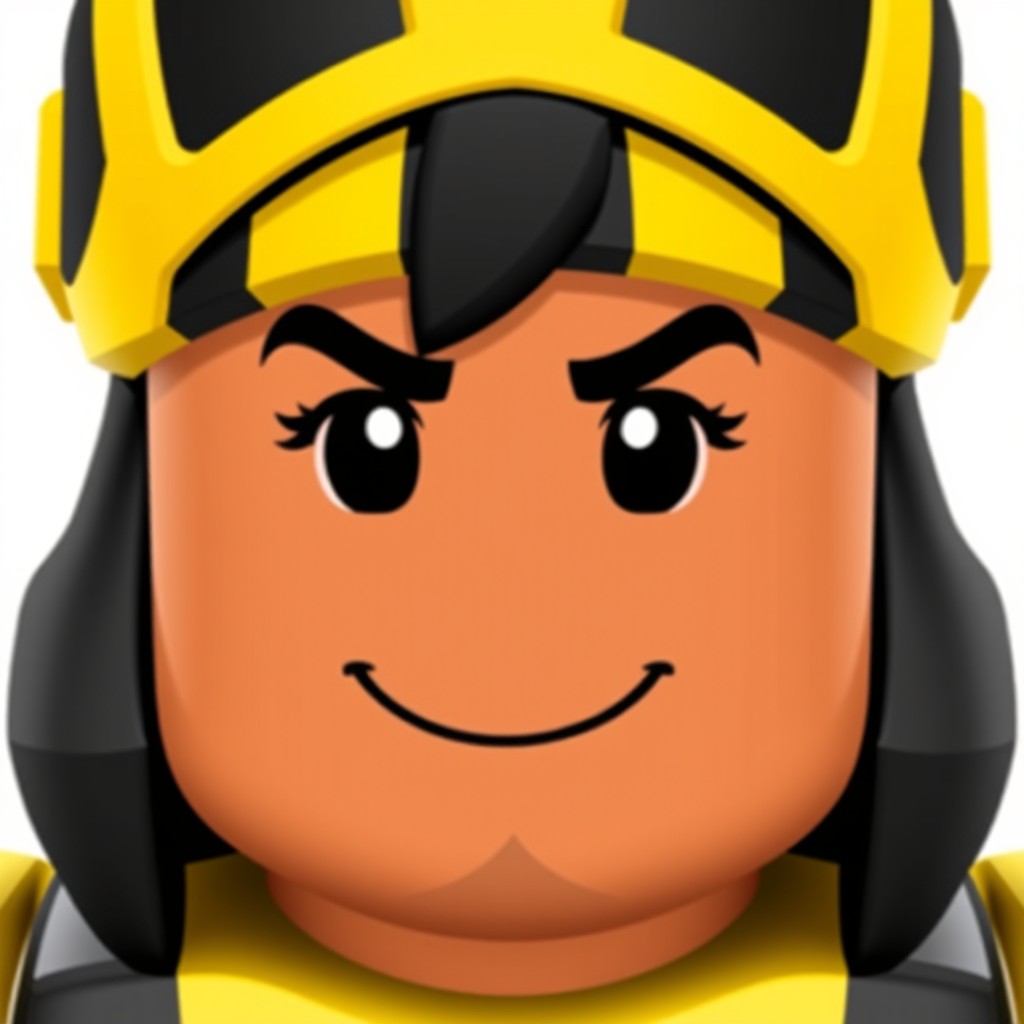 A close-up of a stylized Roblox avatar's face, designed with predominantly black and yellow colors, featuring a masculine appearance
