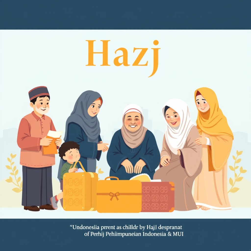 A warm illustration of a multi-generational Indonesian family helping elderly parents prepare for their Hajj pilgrimage