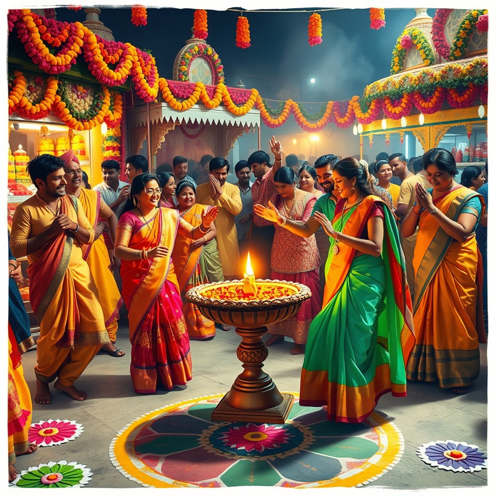 A colorful and vibrant Indian festival scene featuring traditional attire, intricate decorations, and lively celebrations