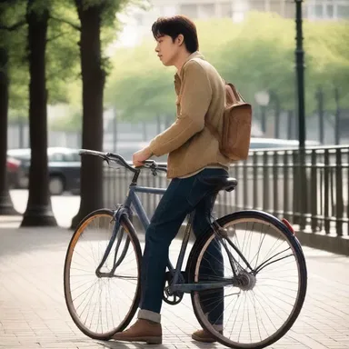 The protagonist of the movie leaned against the bicycle rack, waiting for his love interest to arrive.