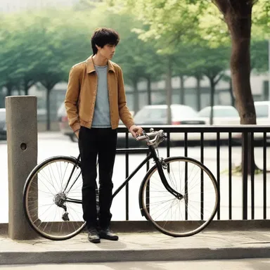 The protagonist of the movie leaned against the bicycle rack, waiting for his love interest to arrive.