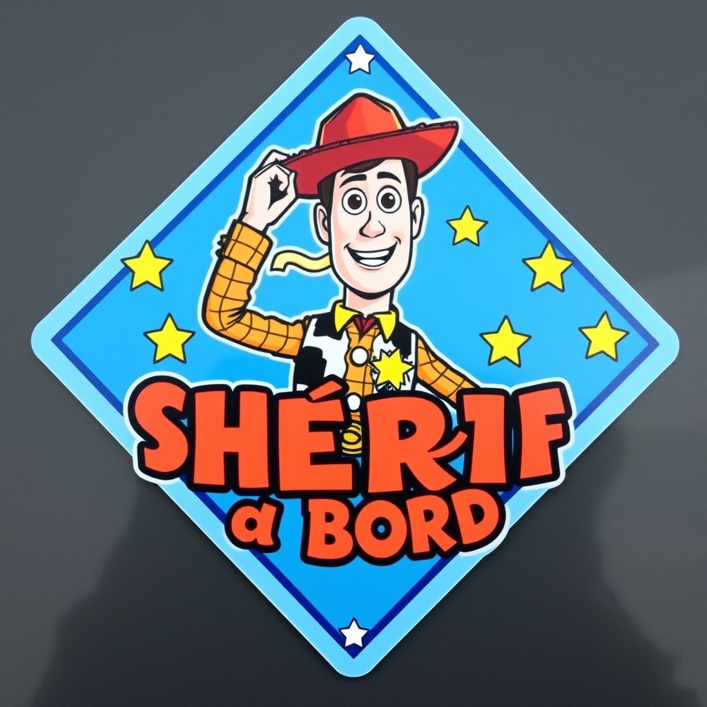 A blue diamond shape featuring Sheriff Woody from Toy Story, standing proudly at the top