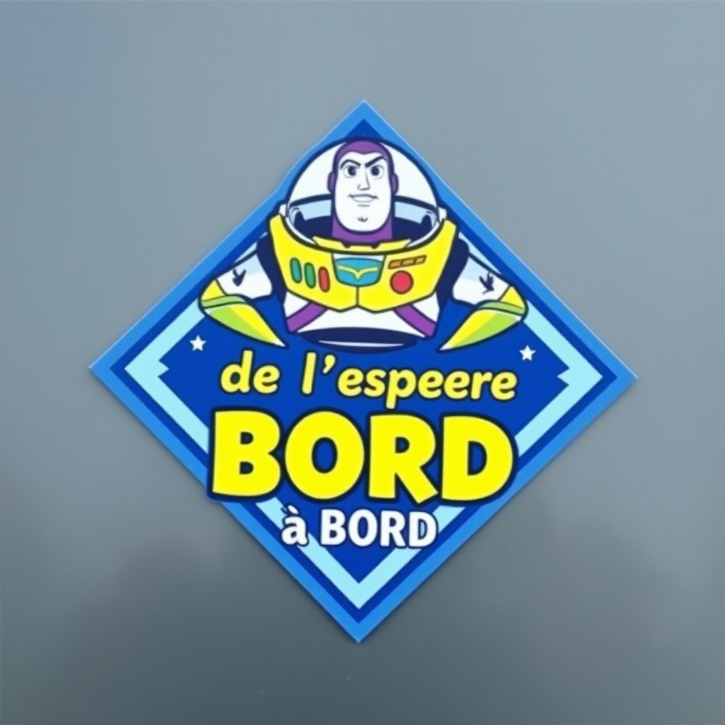 A blue diamond shape design featuring Buzz Lightyear at the top, with the text 'Rangers de l'espace à BORD' prominently displayed