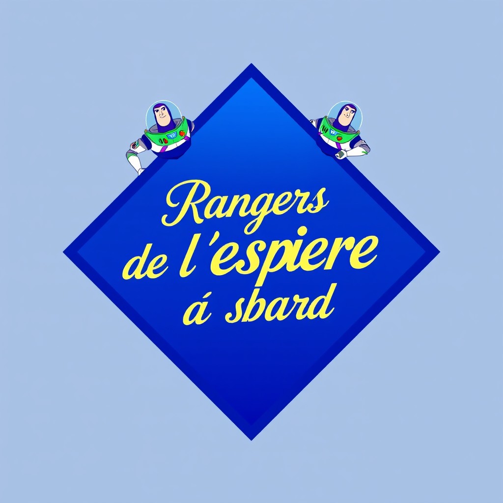 A diamond shape in vibrant blue featuring Buzz Lightyear at the top and bottom