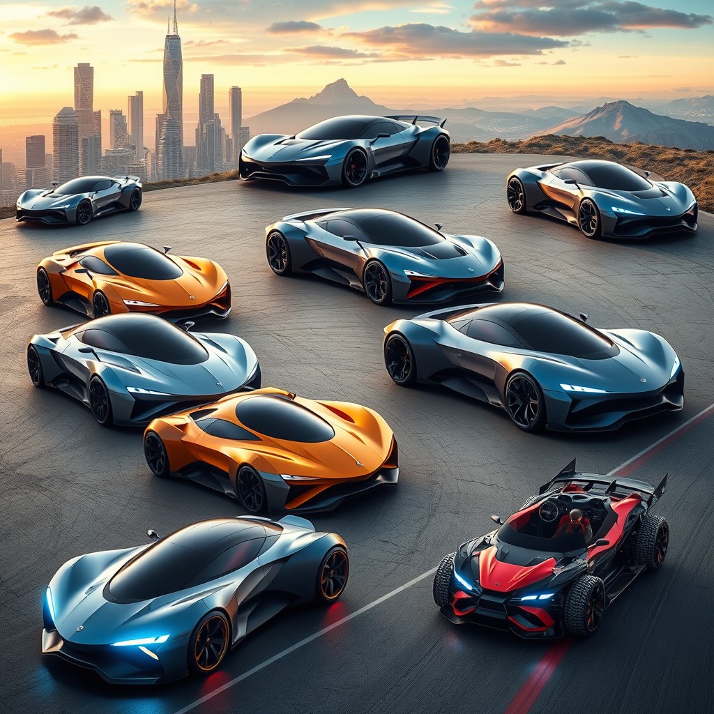 A stunning collection of innovative car designs featuring futuristic vehicles with sleek aerodynamic shapes, vibrant colors, and unique details such as LED lights and custom paint jobs