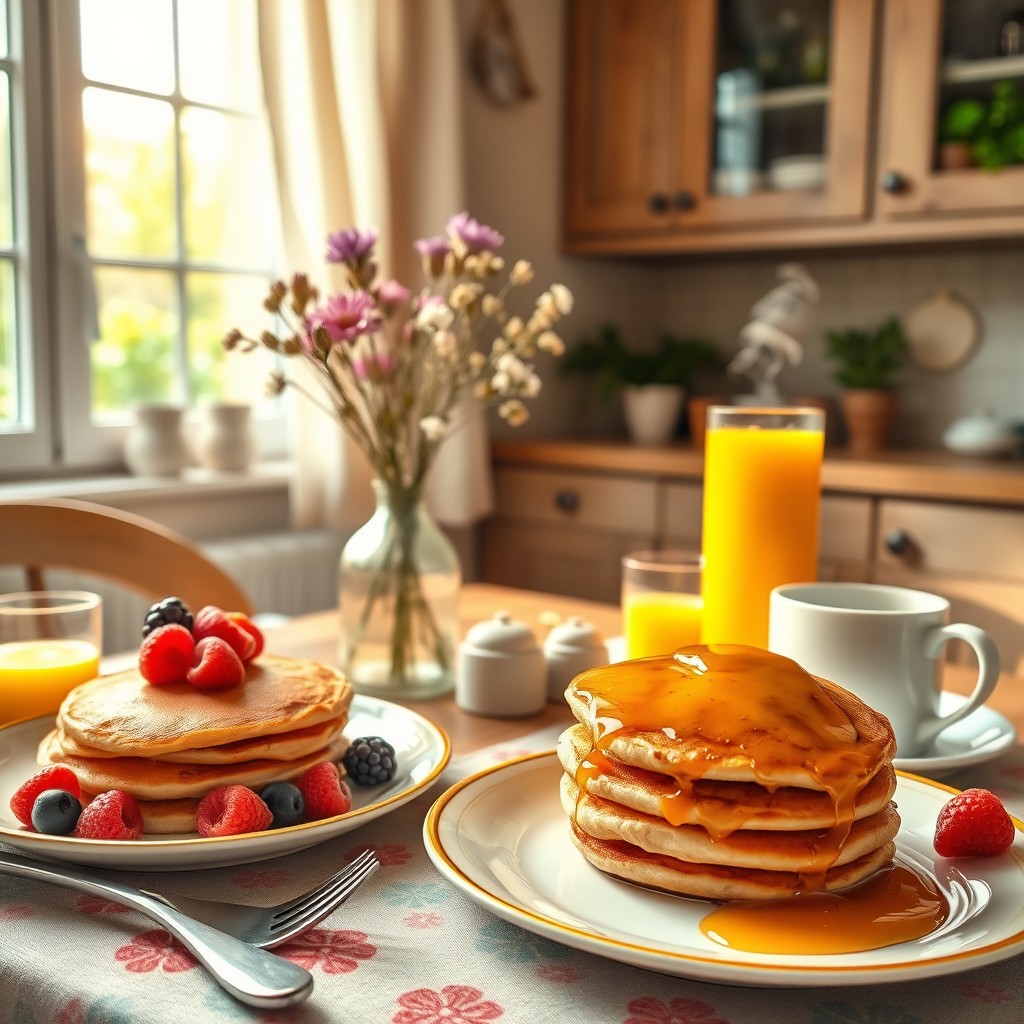 A cozy breakfast scene featuring a beautifully set table with an assortment of colorful dishes