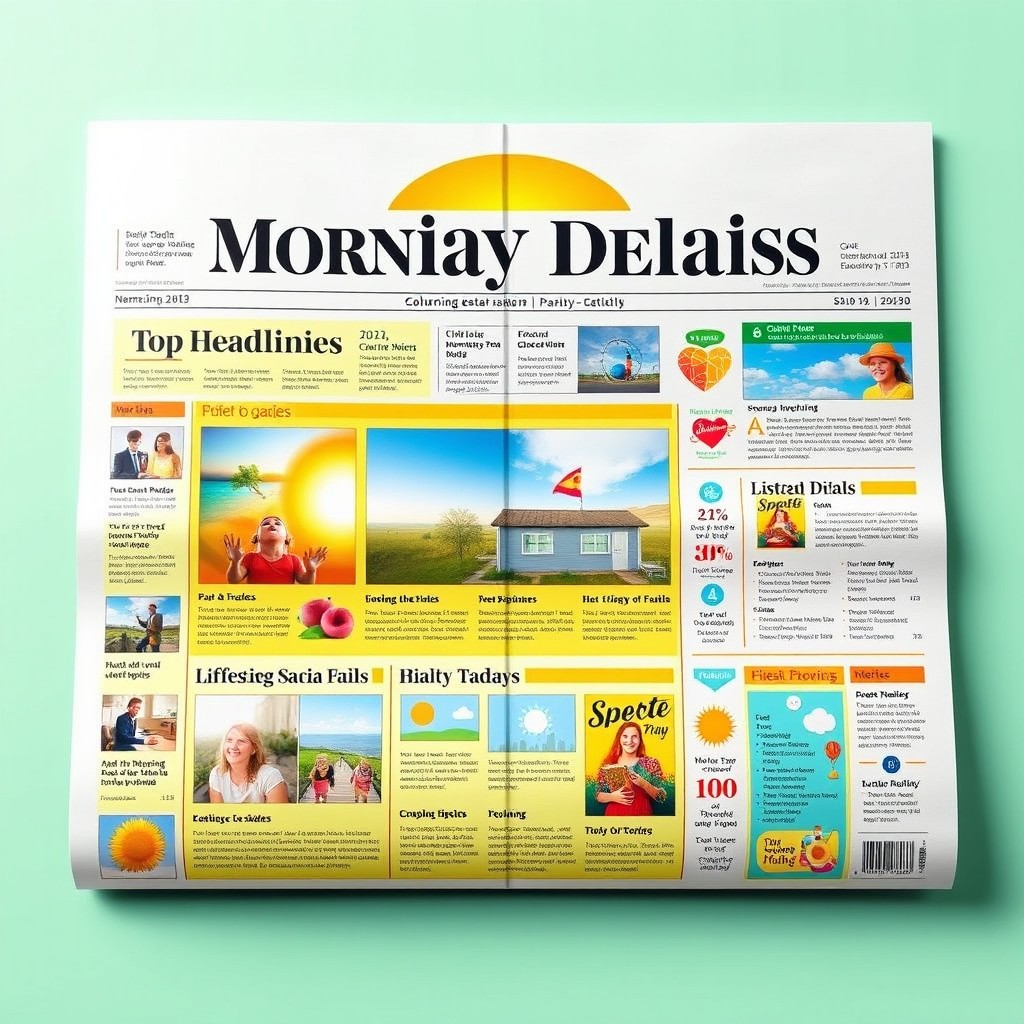 A vibrant and colorful front page of a morning news newspaper titled 'Morning News and Daily Delight'