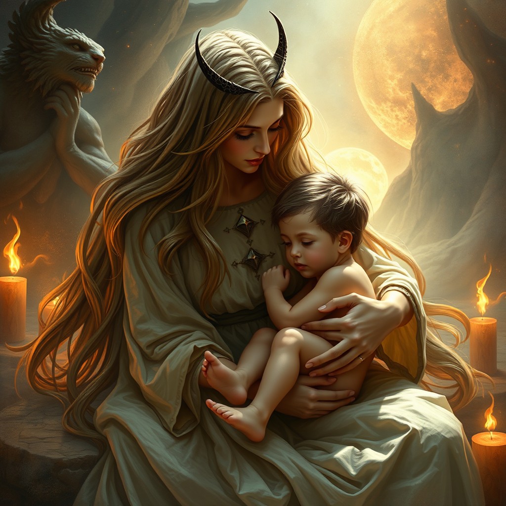 An enchanting scene featuring Lilith lovingly cradling her son, who symbolizes the Antichrist as a young boy