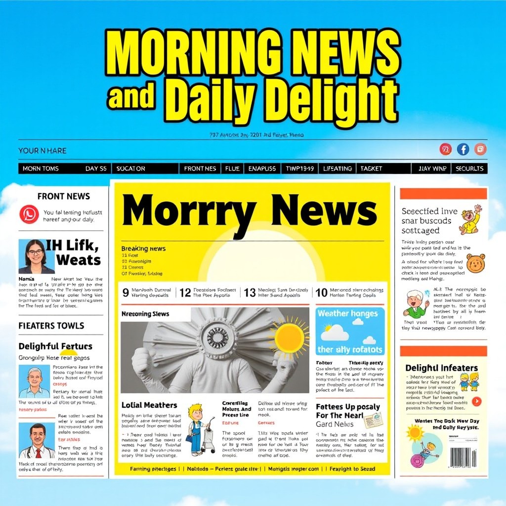 A vibrant and colorful front page of a morning news newspaper titled 'Morning News and Daily Delight'