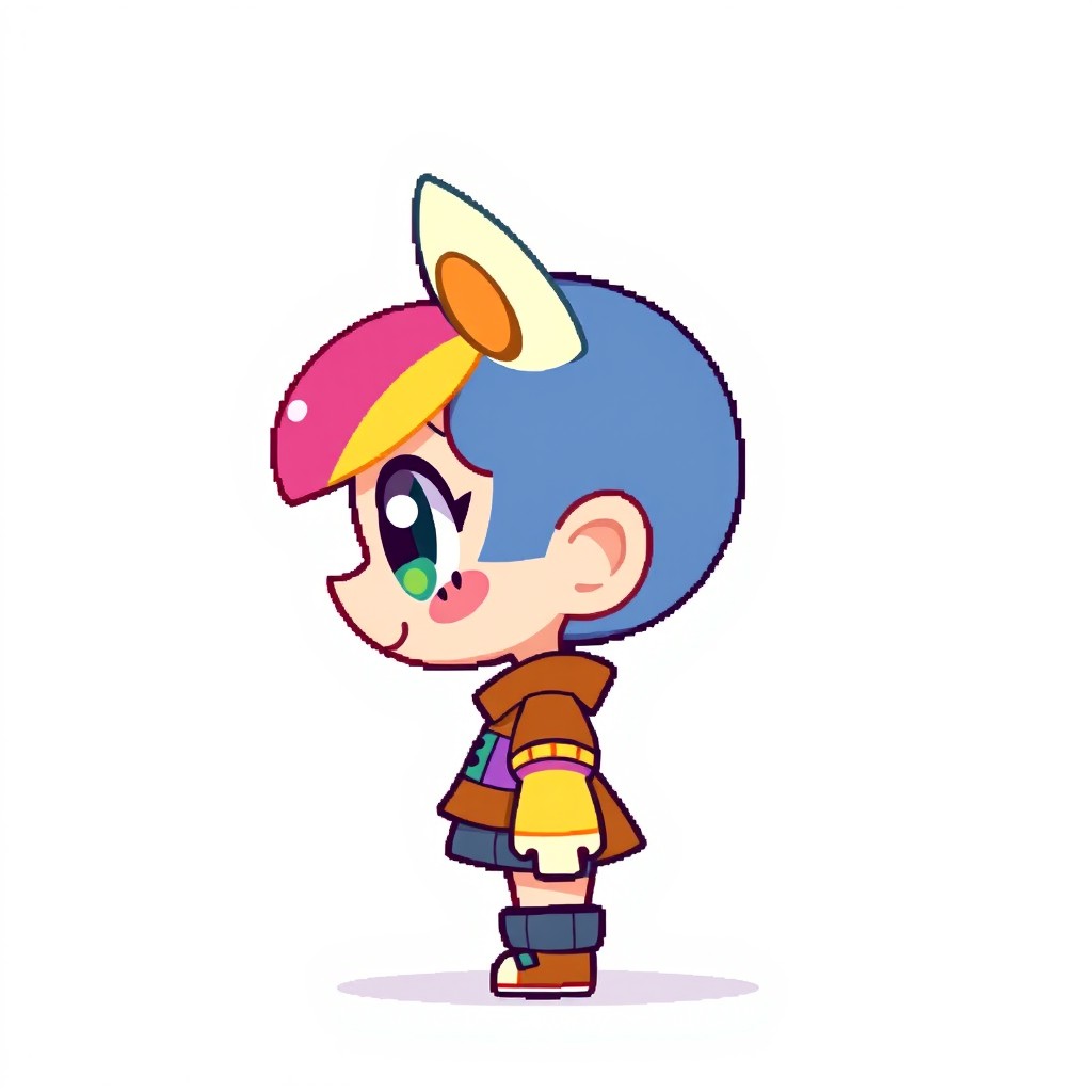 A side view of a 2D character, showcasing vibrant colors and a distinctive design, depicted with a stylized appearance suitable for a retro video game art style