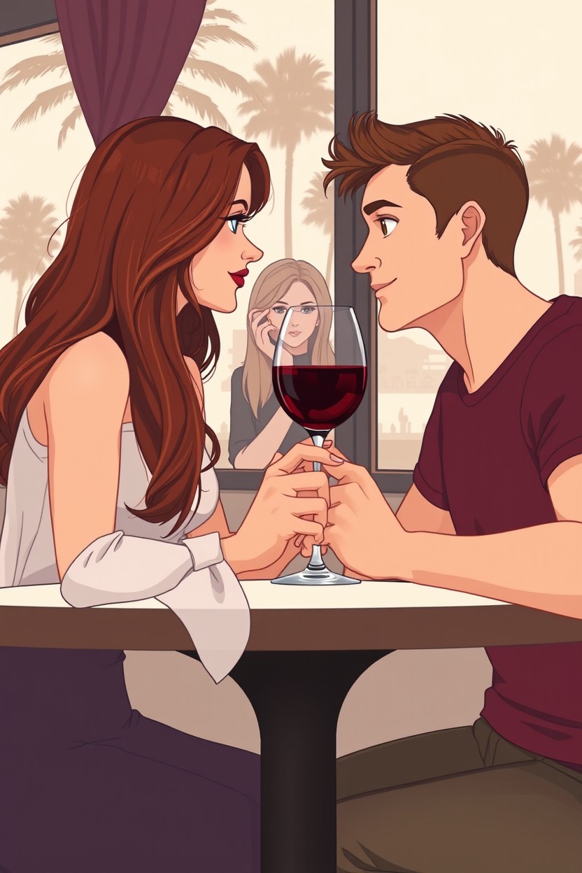 A book cover illustration in a semi-realistic pastel chic style, capturing a close-up of Élise, who has long chestnut hair and enchanting blue eyes, sitting elegantly at a restaurant table