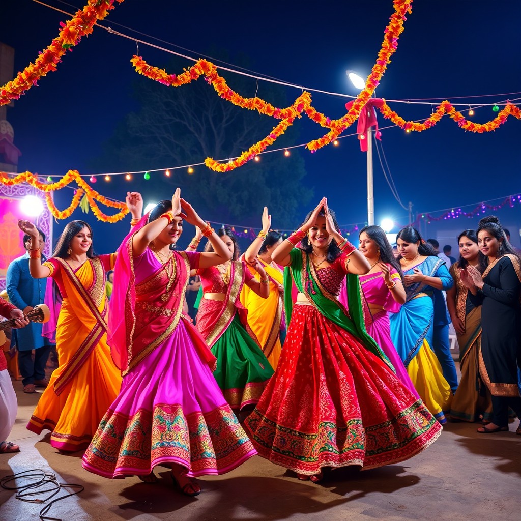 A lively and colorful scene depicting a traditional Garba dance during the Navratri festival, with participants dressed in vibrant, ornate Indian ethnic wear such as chaniya choli and kurta pajama, swirling in synchronized movements