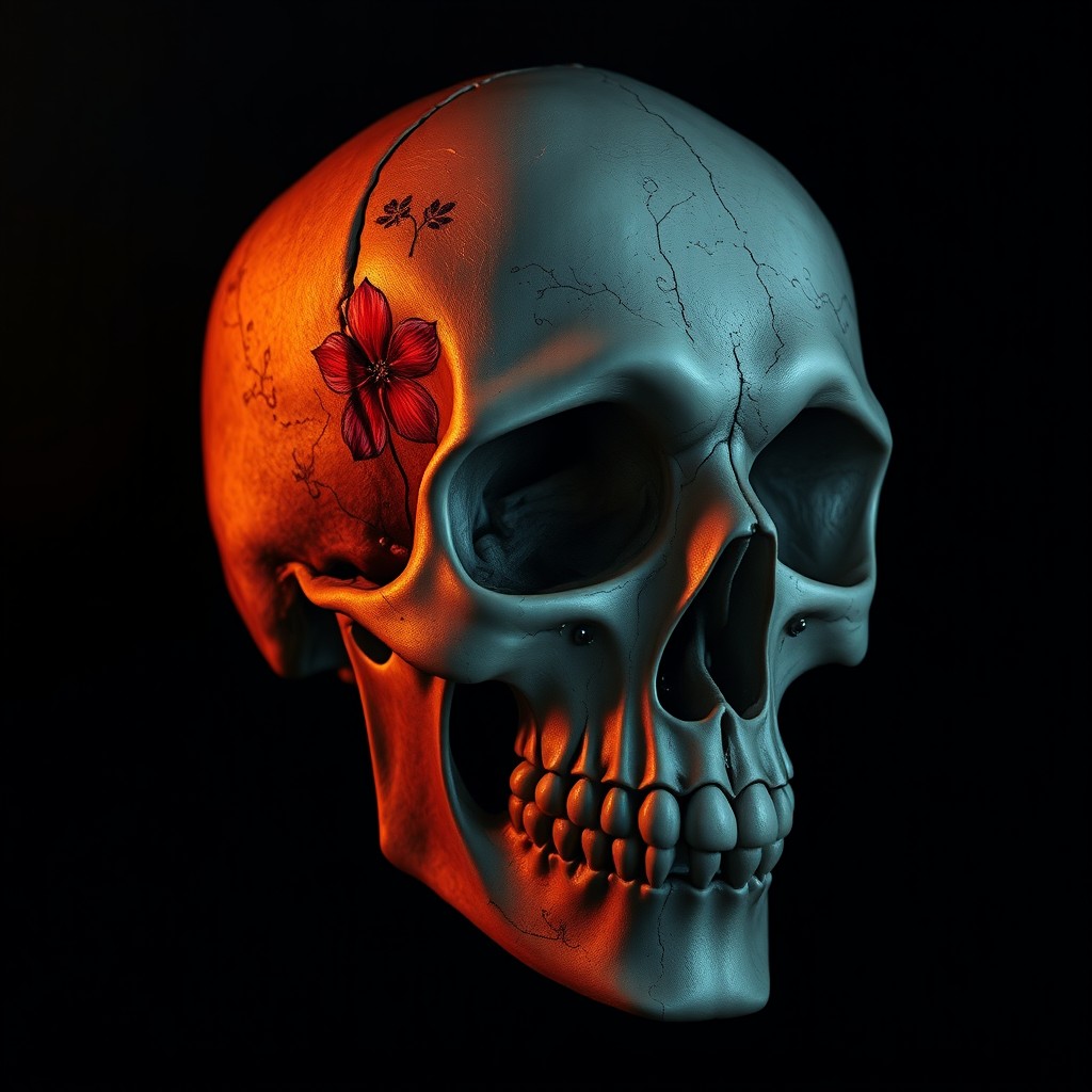 A highly detailed, artistic rendering of a human skull, showcasing intricate textures and shadows
