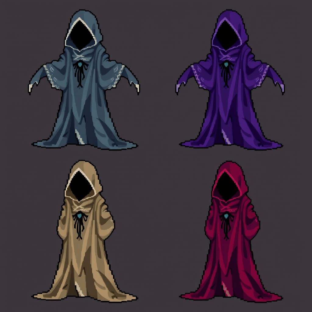 Four 32x32 pixel art sprites of Bina's cloak from Lobotomy Corporation, featuring different colors and textures