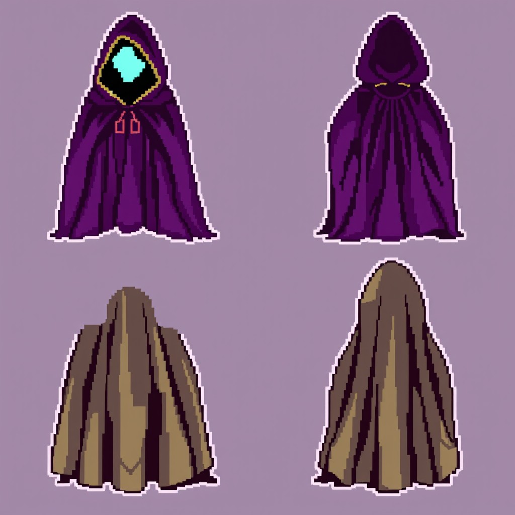 Four 32x32 pixel art sprites of Bina's cloak from Lobotomy Corporation, depicting the cloak from the front, back, left side, and right side
