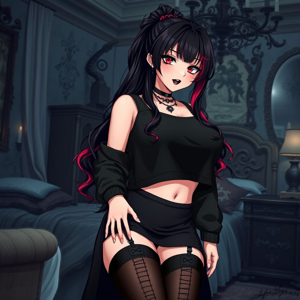 A sexy dominant gothic anime girl wearing a cozy black cropped shoulderless cotton sweatshirt and a black knee-high skirt
