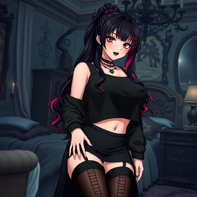 A sexy dominant gothic anime girl wearing a cozy black cropped shoulderless cotton sweatshirt and a black knee-high skirt