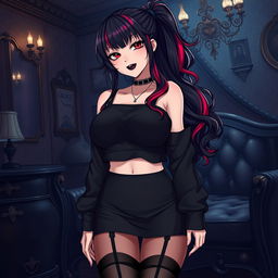 A sexy dominant gothic anime girl wearing a cozy black cropped shoulderless cotton sweatshirt and a black knee-high skirt