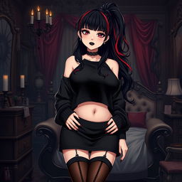 A sexy dominant gothic anime girl wearing a cozy black cropped shoulderless cotton sweatshirt and a black knee-high skirt