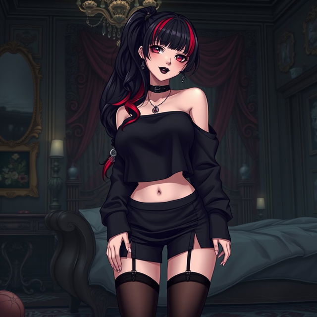 A sexy dominant gothic anime girl wearing a cozy black cropped shoulderless cotton sweatshirt and a black knee-high skirt