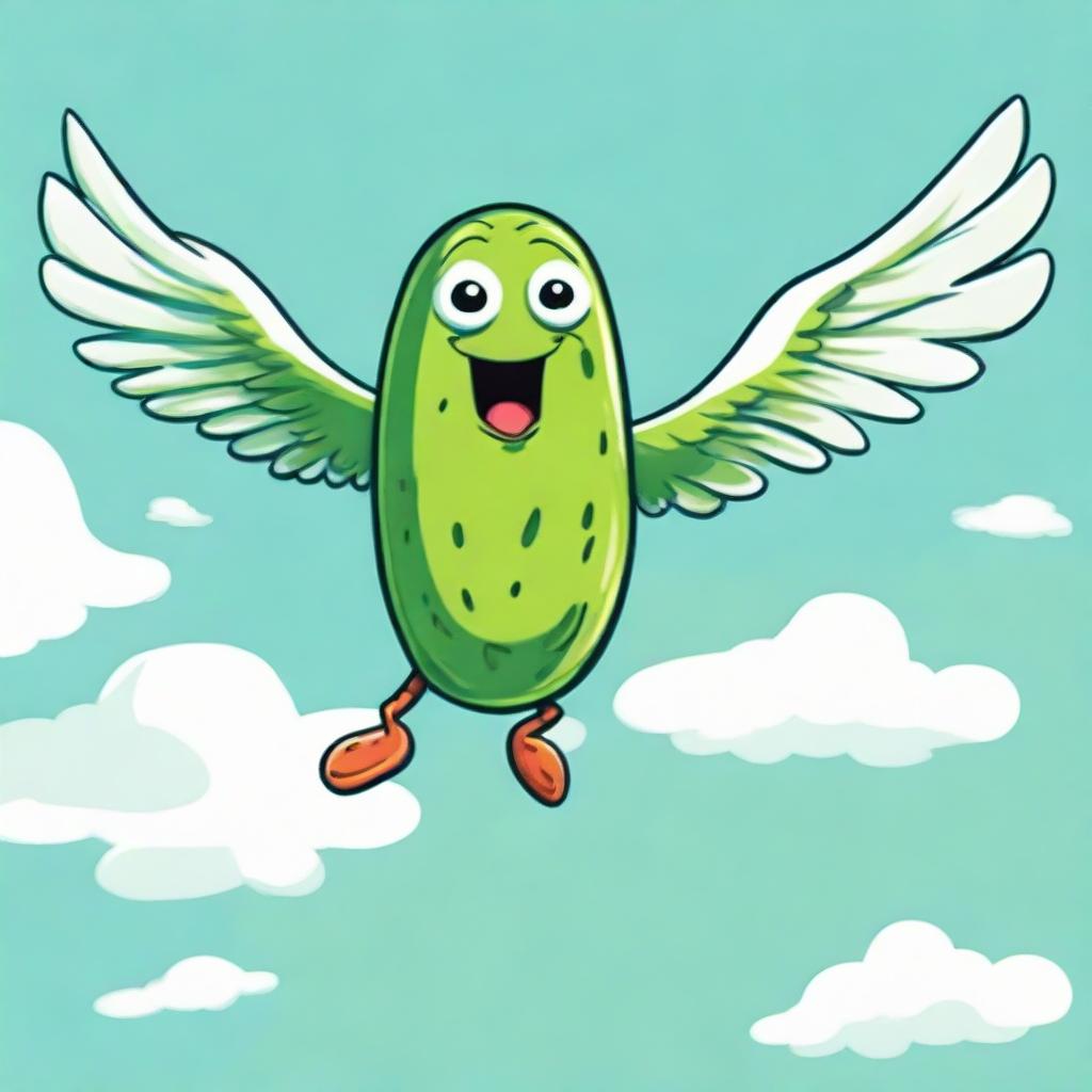 Illustration of a fanciful flying pickle, with wings flapping as it soars across a clear blue sky.