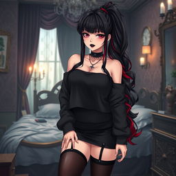 A sexy dominant gothic anime girl wearing a cozy black cropped shoulderless cotton sweatshirt and a black knee-high skirt