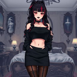 A sexy dominant gothic anime girl wearing a cozy black cropped shoulderless cotton sweatshirt and a black knee-high skirt