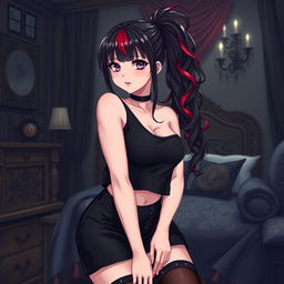 A sexy dominant gothic anime girl wearing a cozy black cropped shoulderless cotton sweatshirt and a black knee-high skirt