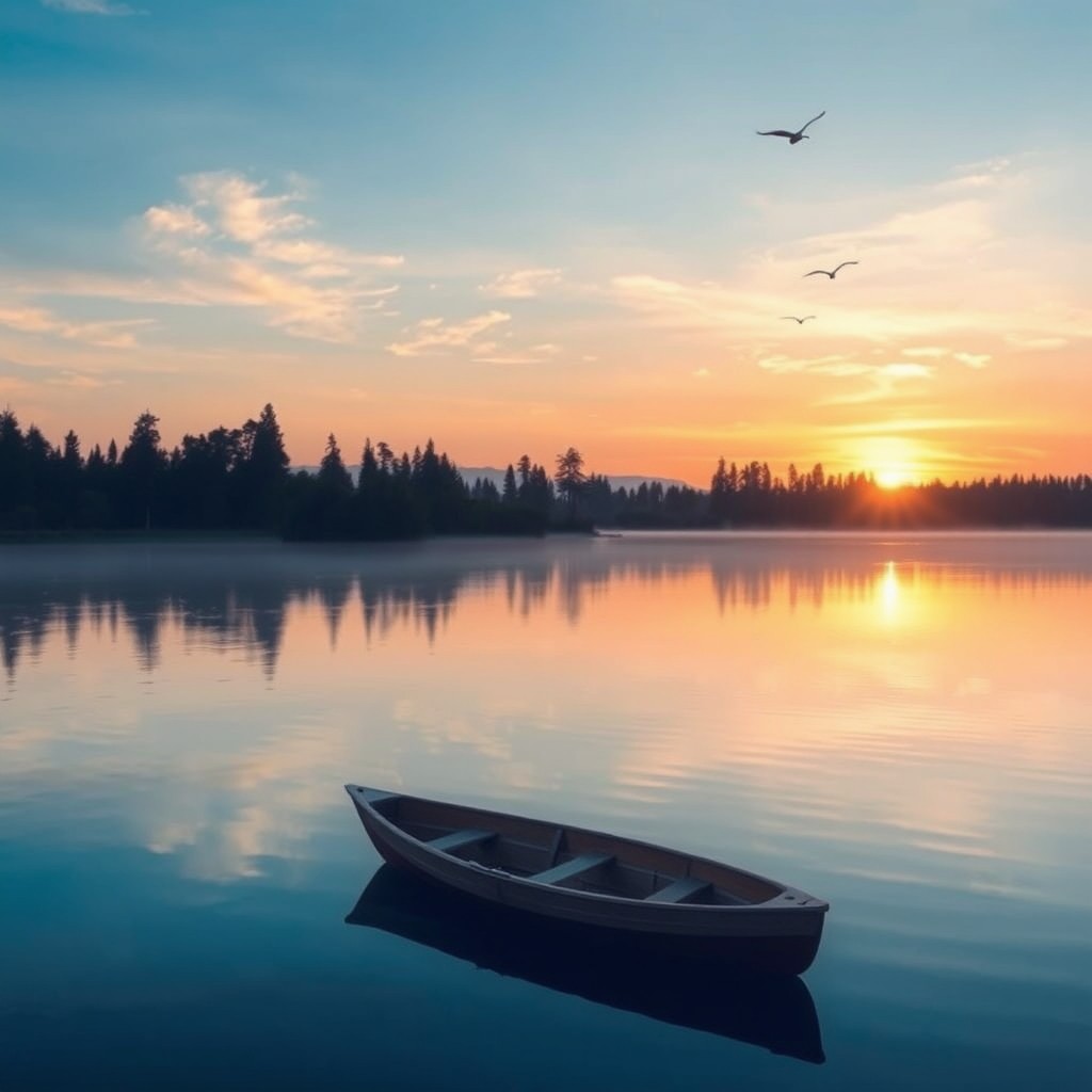 A serene sunrise over a tranquil lake, with soft pastel colors reflecting on the water's surface