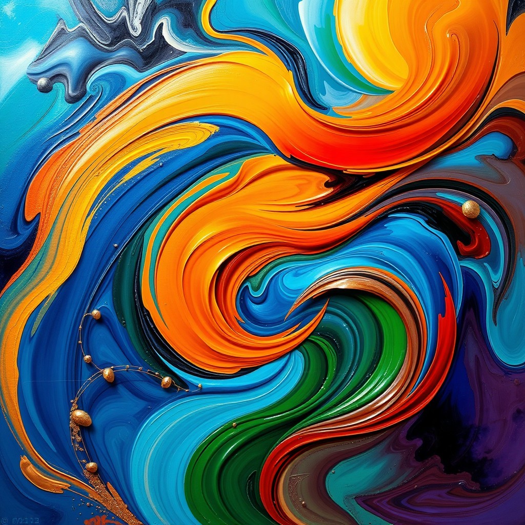 An abstract composition featuring vibrant swirling colors and dynamic shapes, evoking a sense of movement and energy