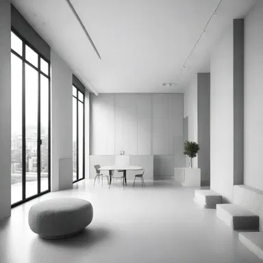 The interior of the building was decorated with colorless walls and furniture, creating a minimalist and modern atmosphere.
