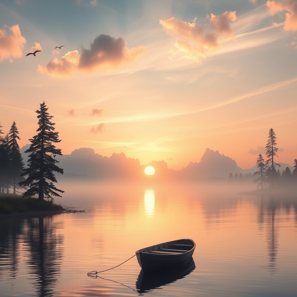 A serene sunrise over a tranquil lake, capturing the soft pastel colors of dawn reflecting on the water's smooth surface