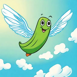 Illustration of a fanciful flying pickle, with wings flapping as it soars across a clear blue sky.