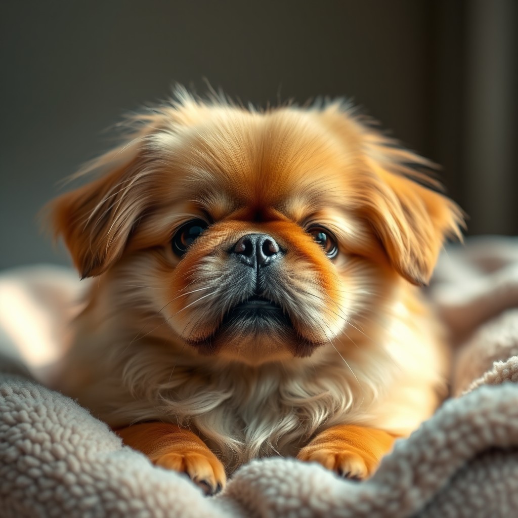 A heartwarming portrait of a deceased Pekingese dog, capturing its fluffy, luxurious fur, expressive eyes, and distinctive flat face