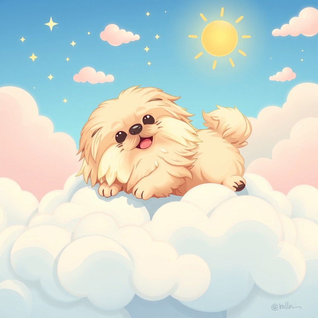 A whimsical illustration of a Pekingese dog playfully lounging on fluffy clouds