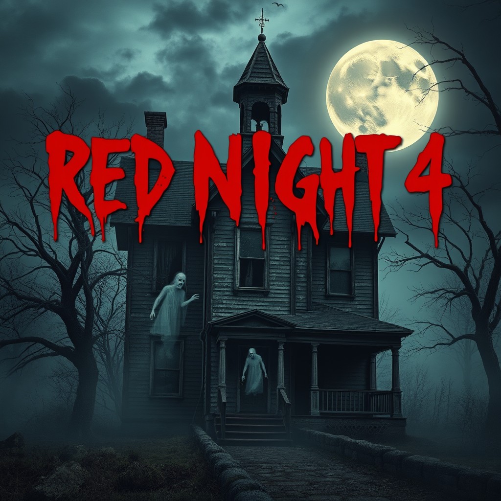 A creepy haunted house set in a sinister landscape, under a dark, foreboding sky