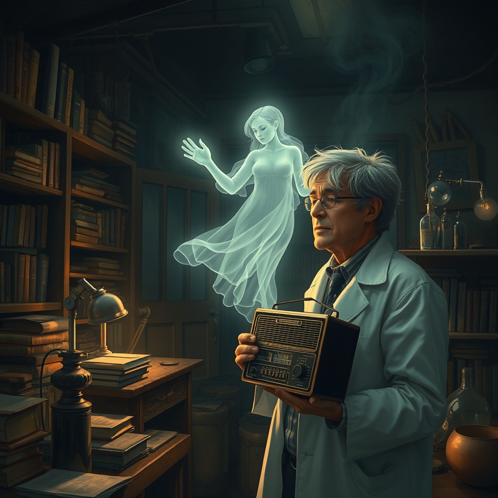 A heartfelt scene depicting a scientist in a dimly lit, cluttered laboratory filled with books and scientific instruments, desperately trying to communicate with his beloved ghost
