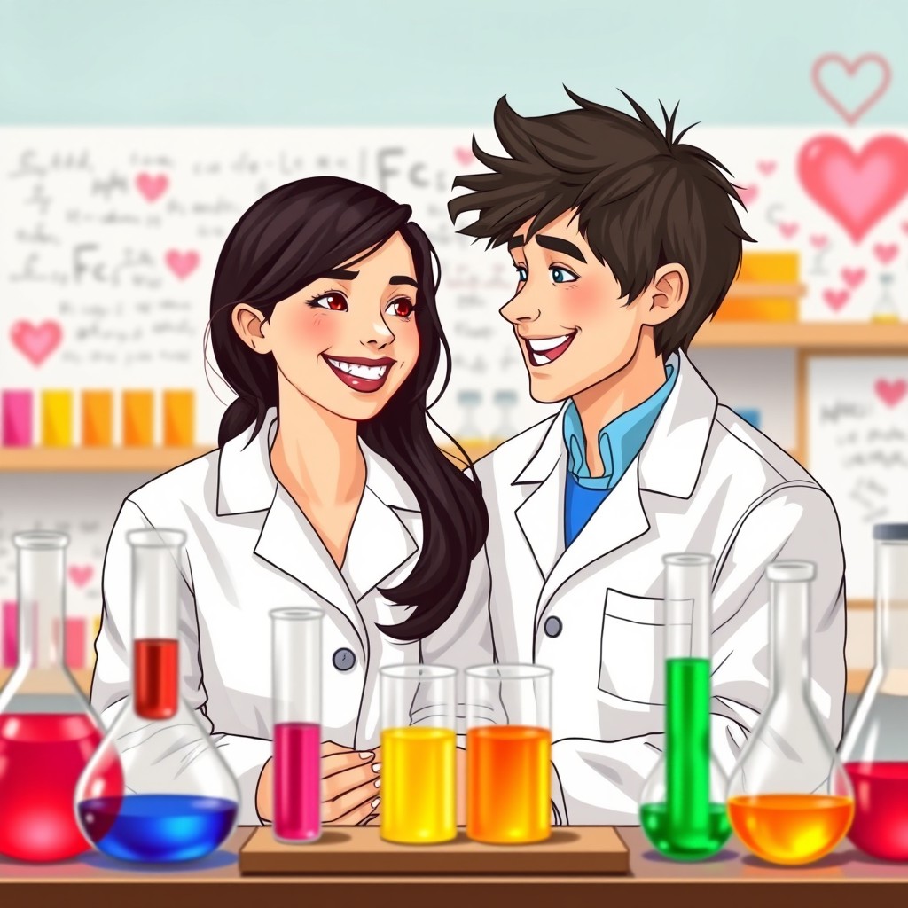 A charming laboratory setting showcasing a romantic bond between two scientists