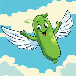 Illustration of a fanciful flying pickle, with wings flapping as it soars across a clear blue sky.