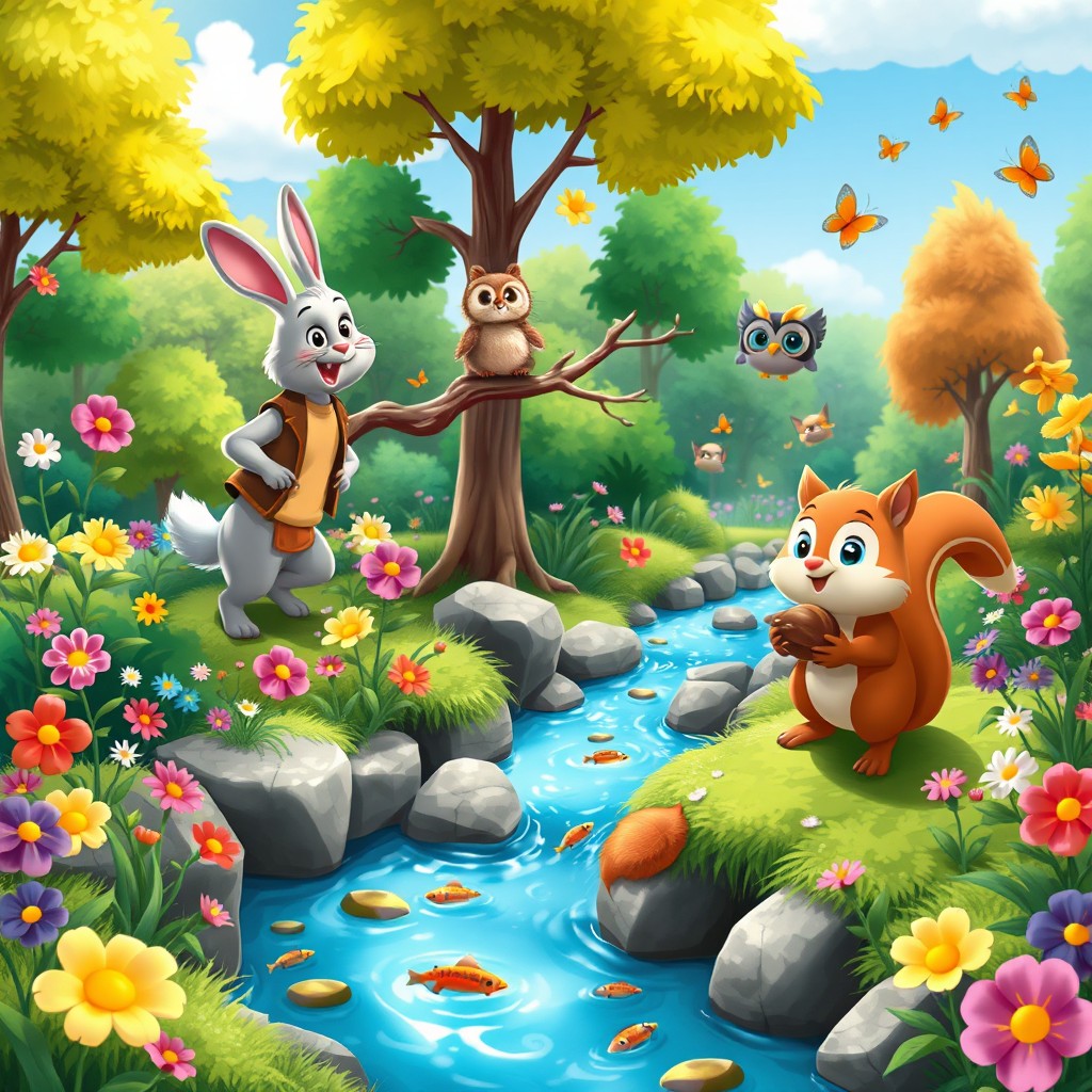 A colorful and whimsical animated scene featuring a variety of anthropomorphic animals engaged in playful activities in a vibrant forest